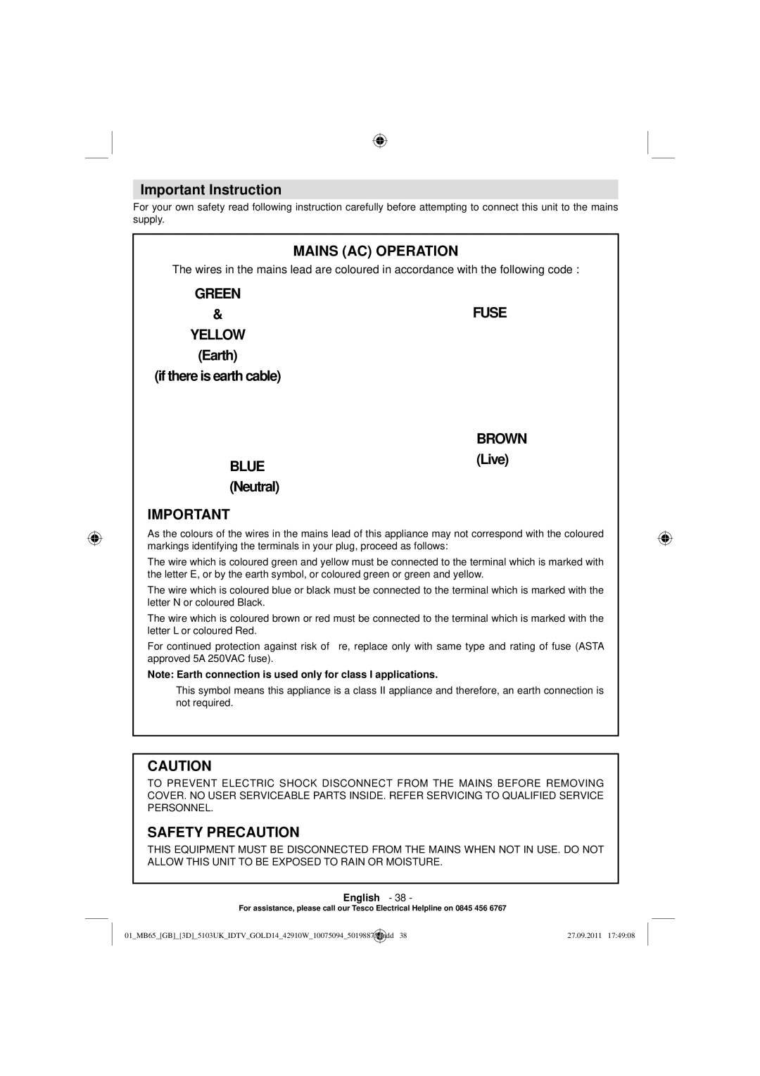 Technika 42-8533D manual Important Instruction, Earth If there is earth cable, Live, Neutral 