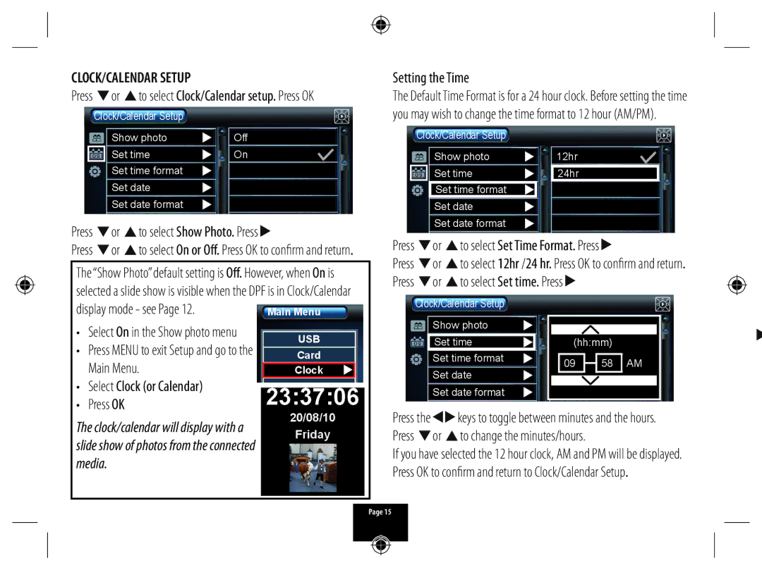 Technika A700 manual CLOCK/CALENDAR Setup, Setting the Time, Main Menu, Select Clock or Calendar 