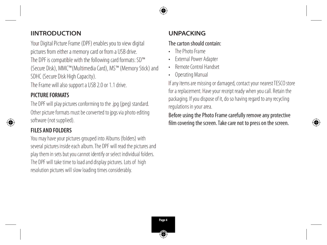 Technika A700 Iintroduction, Picture Formats, Files and Folders, Unpacking, Frame will also support a USB 2.0 or 1.1 drive 