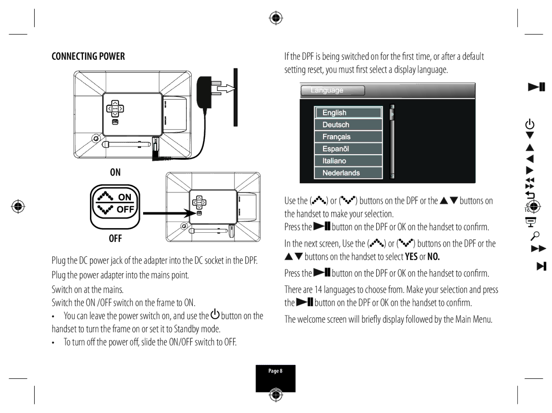 Technika A700 manual Connecting Power OFF, Button on the DPF or OK on the handset to confirm 