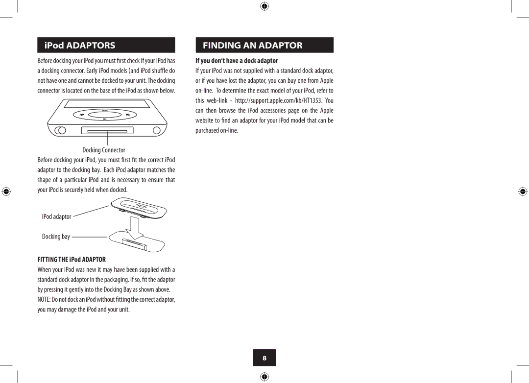 Technika CR121DAB manual Finding AN Adaptor, Docking Connector, IPod adaptor Docking bay, Fitting the iPod Adaptor 