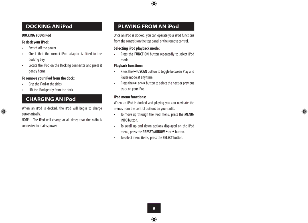 Technika CR121DAB Docking Your iPod To dock your iPod, To remove your iPod from the dock, Selecting iPod playback mode 