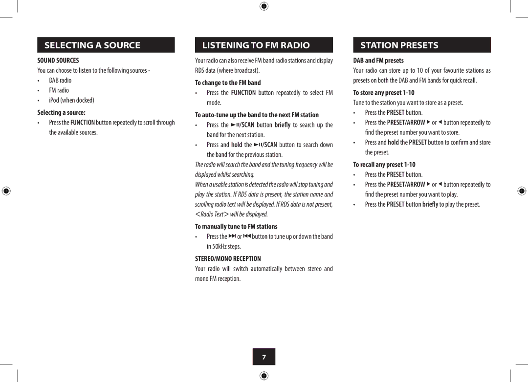 Technika CR121DAB manual Selecting a Source, Listening to FM Radio, Station Presets, Sound Sources, STEREO/MONO Reception 