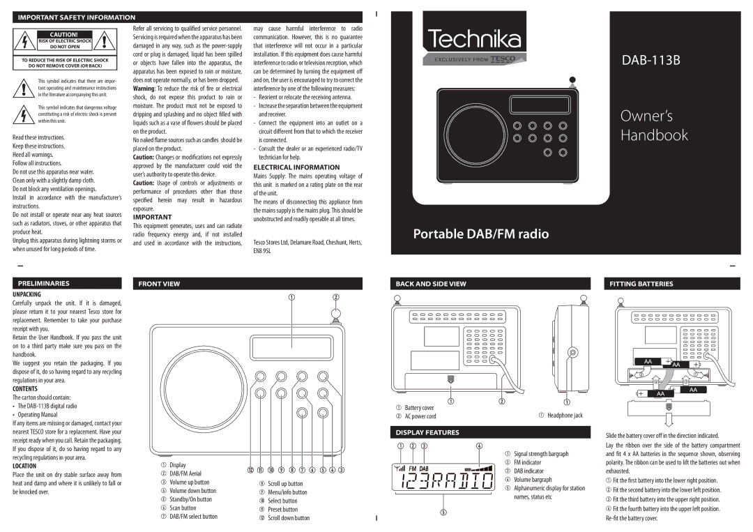 Technika DAB-113B manual Electrical Information, Unpacking, Contents, Location 