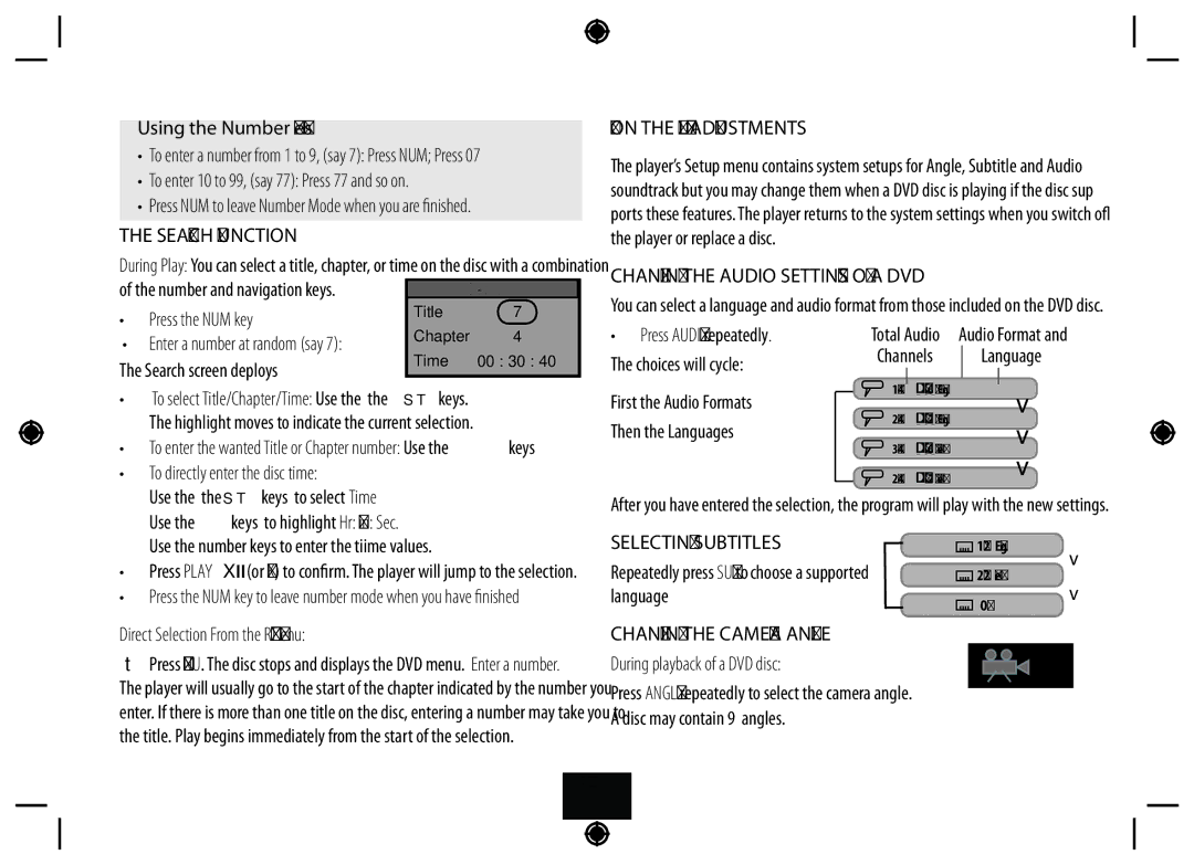 Technika DPDVD7 manual Search Function, ‘ON the FLY’ Adjustments, Changing the Audio Settings of a DVD, Selecting Subtitles 