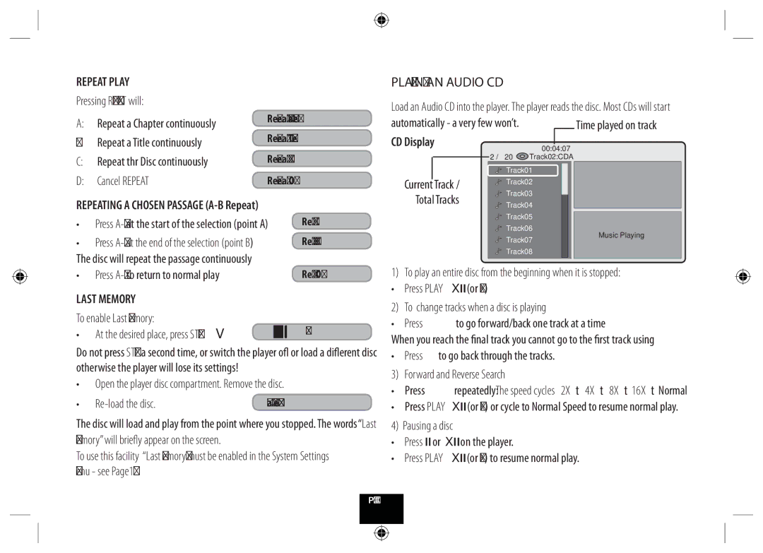 Technika DPDVD7 manual Repeat Play, Playing AN Audio CD, CD Display, Last Memory 