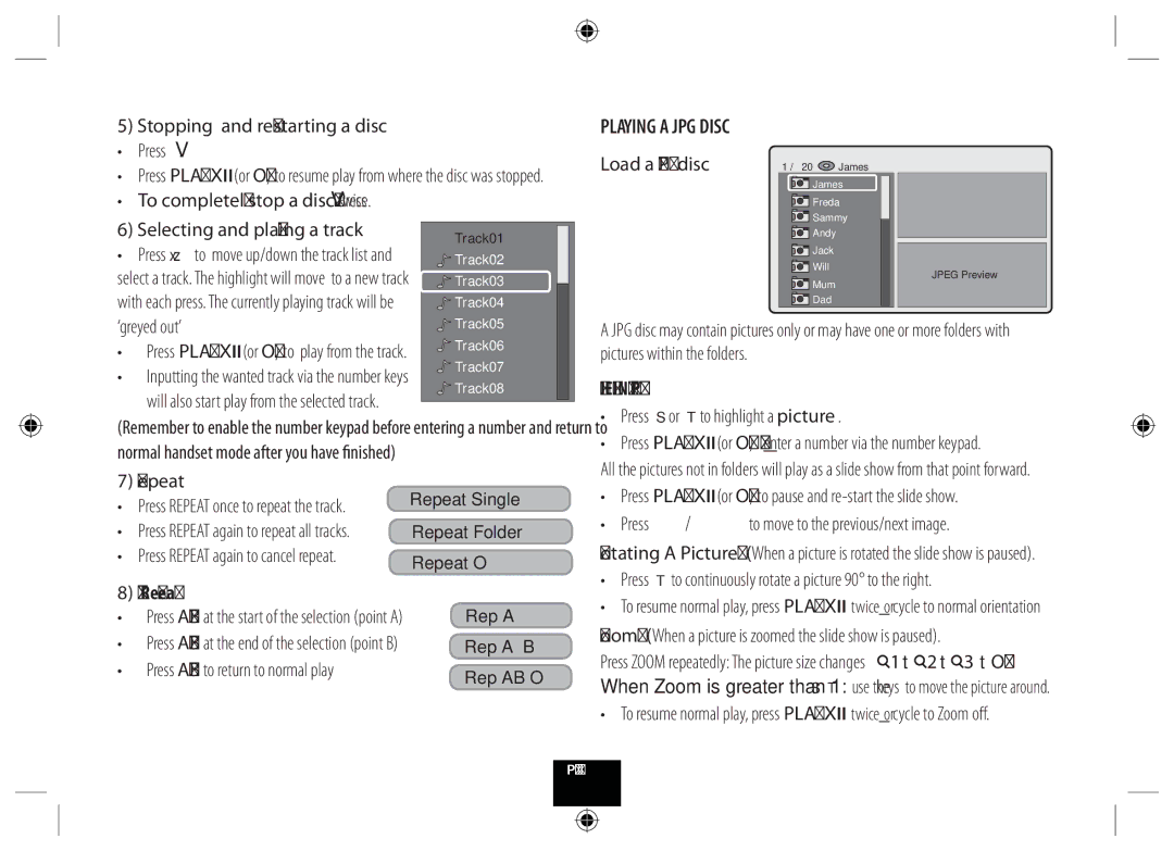 Technika DPDVD7 manual Playing a JPG Disc, B Repeat, Viewing Jpgs 