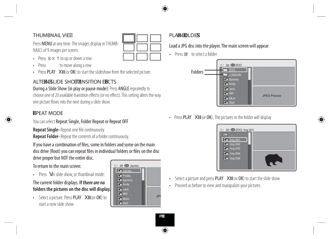 Technika DPDVD7 manual Thumbnail View, Playing Folders, Altering Slide Show Transition Effects, Repeat Mode 