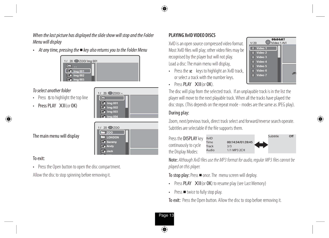 Technika DPDVD7 manual Playing XvID Video Discs, During play, To exit, Subtitles are selectable if the file supports them 