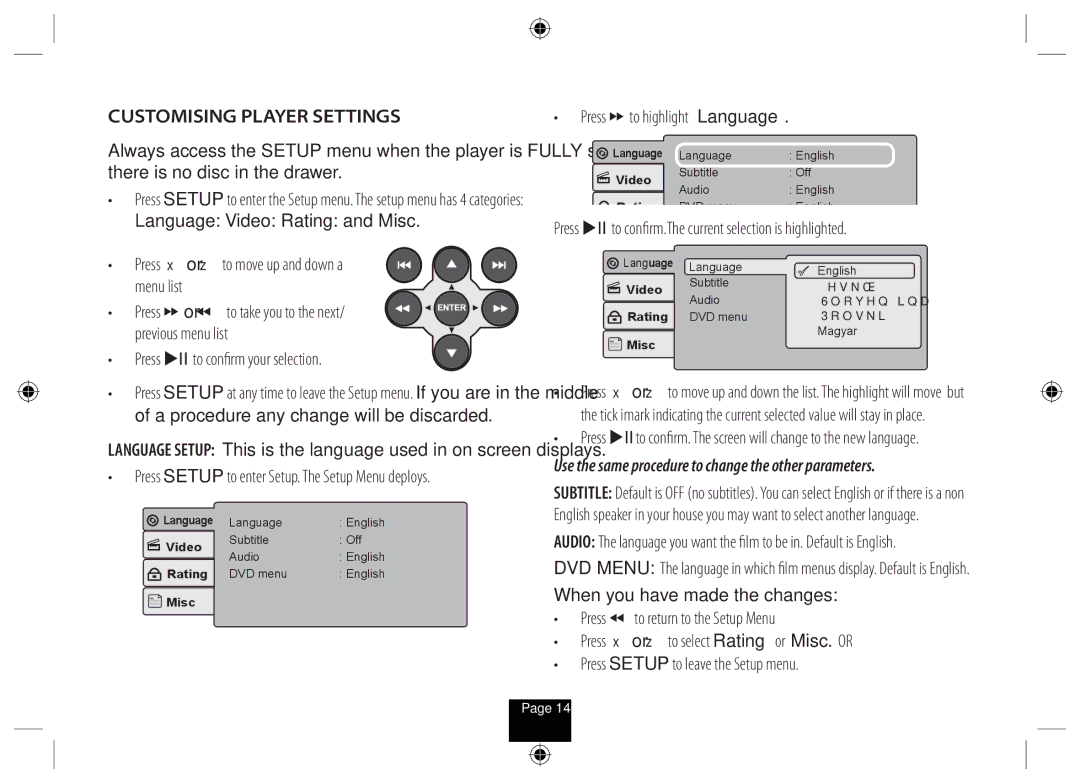 Technika DPDVD7 manual Customising Player Settings, Menu list, Previous menu list, Press to highlight Language’ 