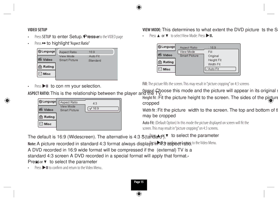 Technika DPDVD7 manual Video Setup, Press to highlight Aspect Ratio, Press uII to confirm your selection, Press or 