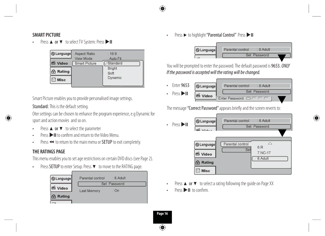 Technika DPDVD7 manual Ratings, Press to highlight Parental Control Press uII, Enter, Press uII to confirm 