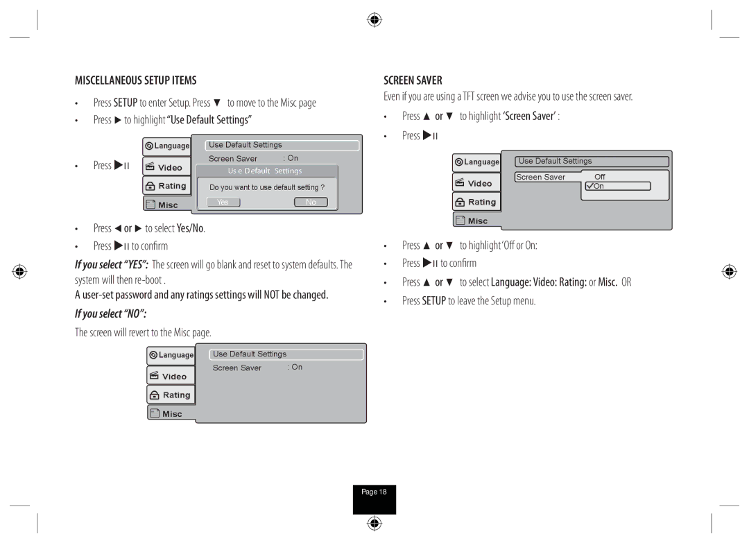 Technika DPDVD7 manual Miscellaneous Setup Items, Press uII, Screen Saver 