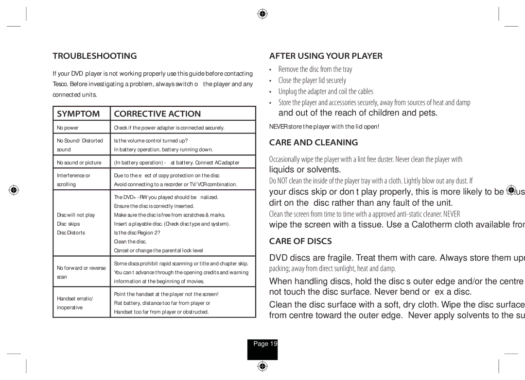 Technika DPDVD7 Troubleshooting, Symptom Corrective Action, After Using Your Player, Care and Cleaning, Care of Discs 