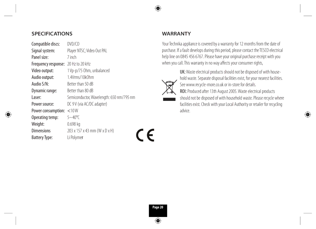 Technika DPDVD7 manual Specifications, Warranty 