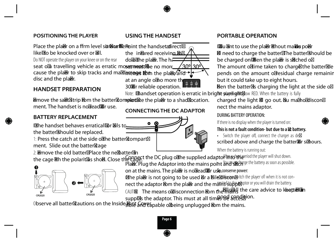 Technika DPDVD7 manual Handset Preparation, Battery Replacement, Using the Handset, 30º for reliable operation 