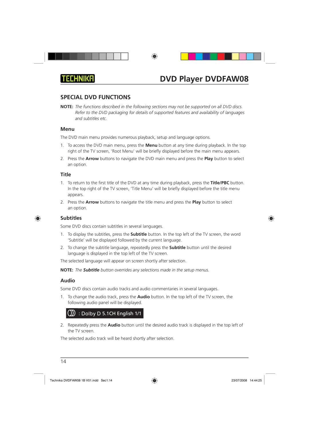 Technika DVDFAW08 manual Special DVD Functions, Menu, Title, Subtitles, Audio 