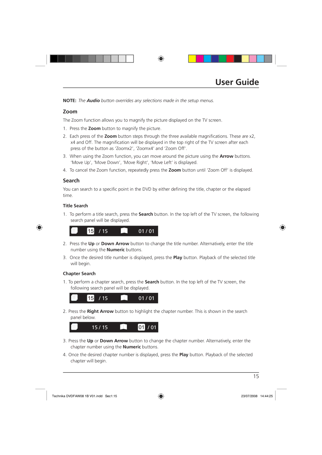 Technika DVDFAW08 manual Zoom, Title Search, Chapter Search 