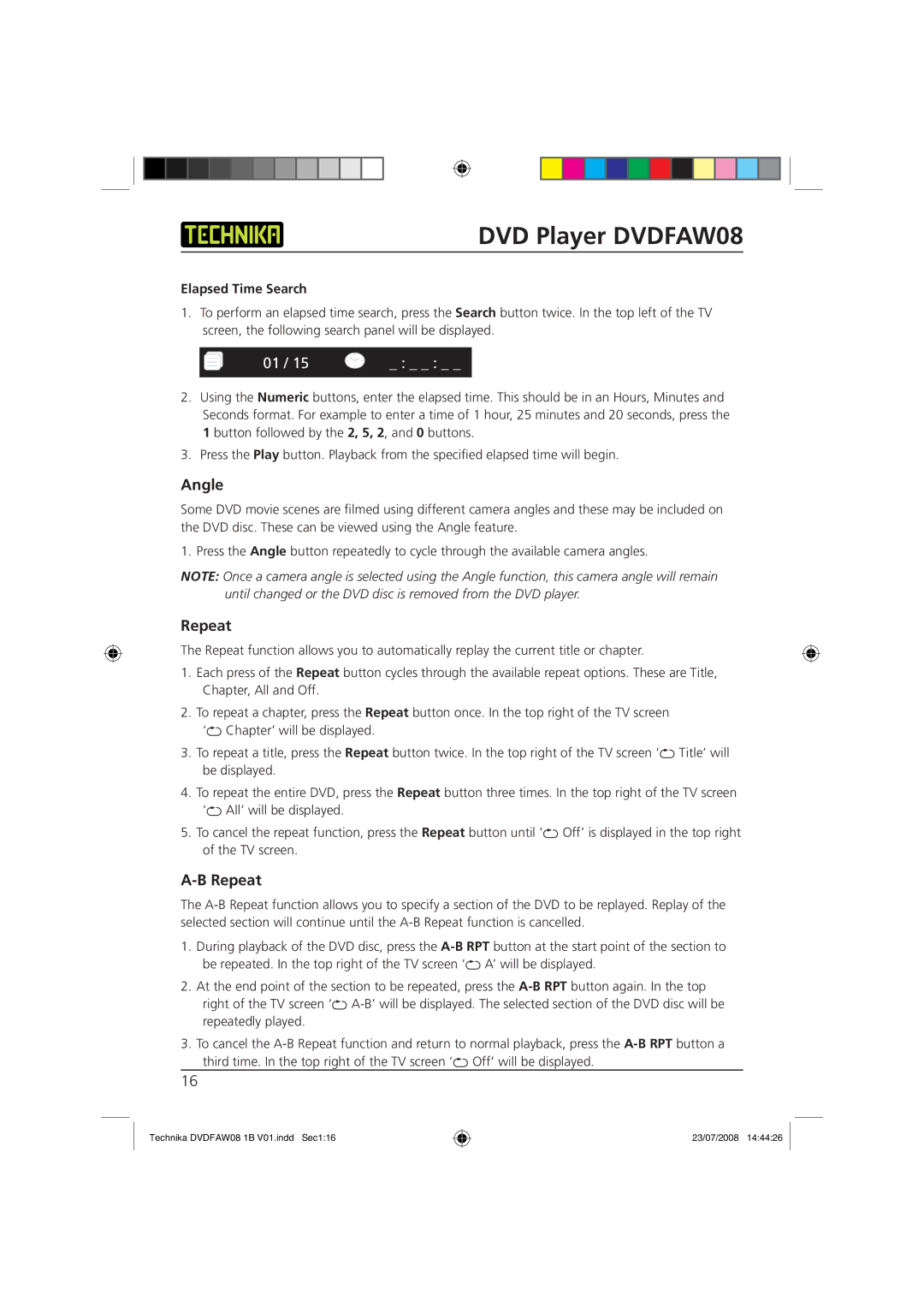 Technika DVDFAW08 manual Angle, Repeat, Elapsed Time Search 