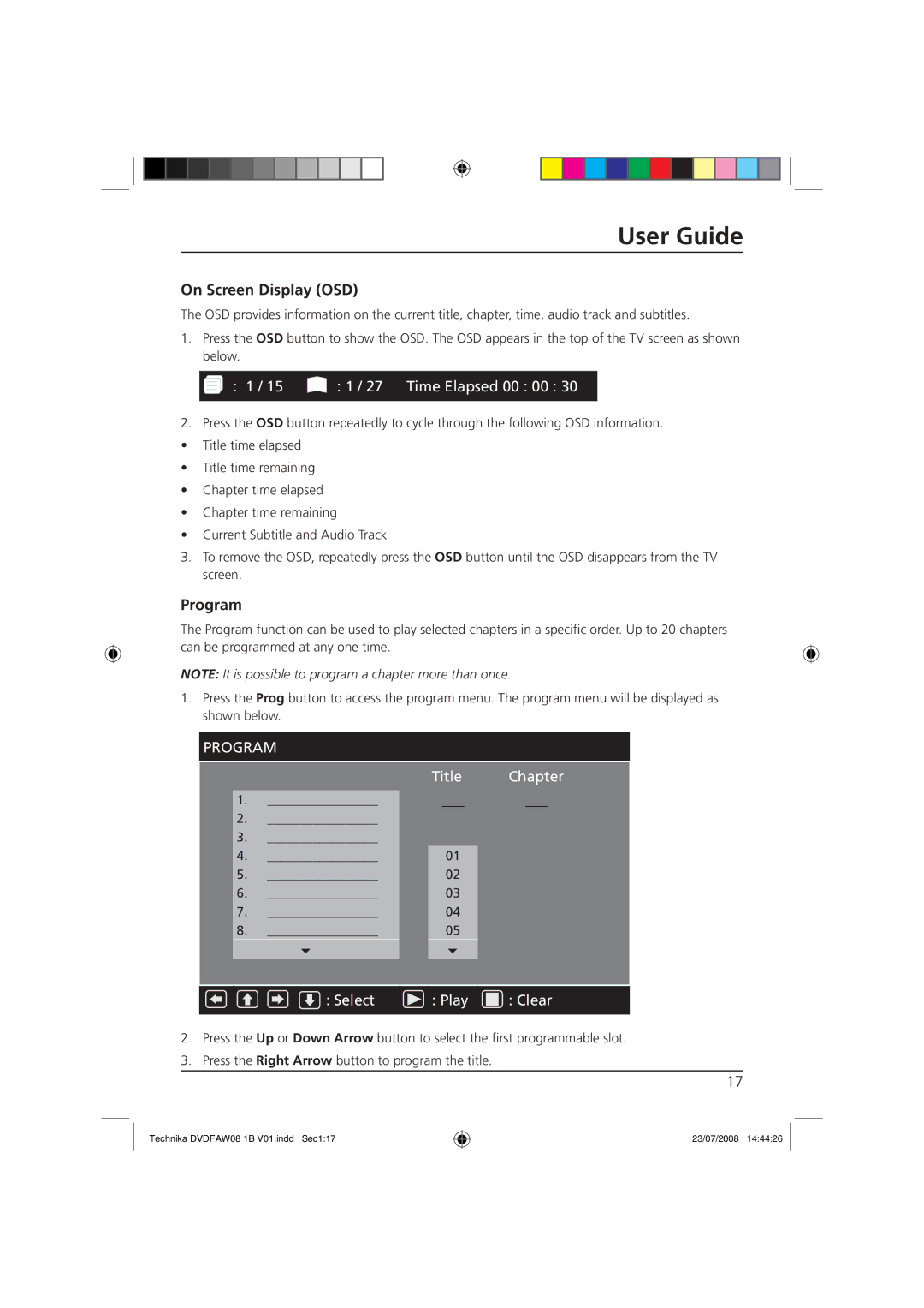 Technika DVDFAW08 manual On Screen Display OSD, Program 