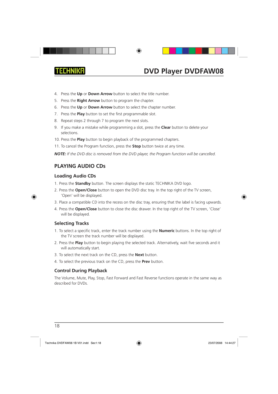 Technika DVDFAW08 manual Loading Audio CDs, Selecting Tracks, Control During Playback 