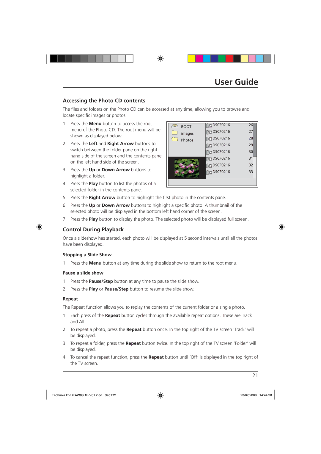 Technika DVDFAW08 manual Accessing the Photo CD contents, Control During Playback 