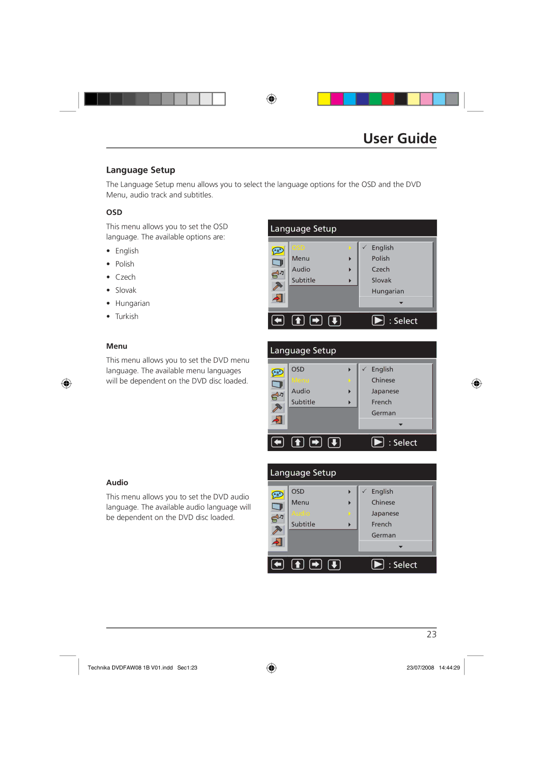 Technika DVDFAW08 manual Language Setup, Menu, Audio 