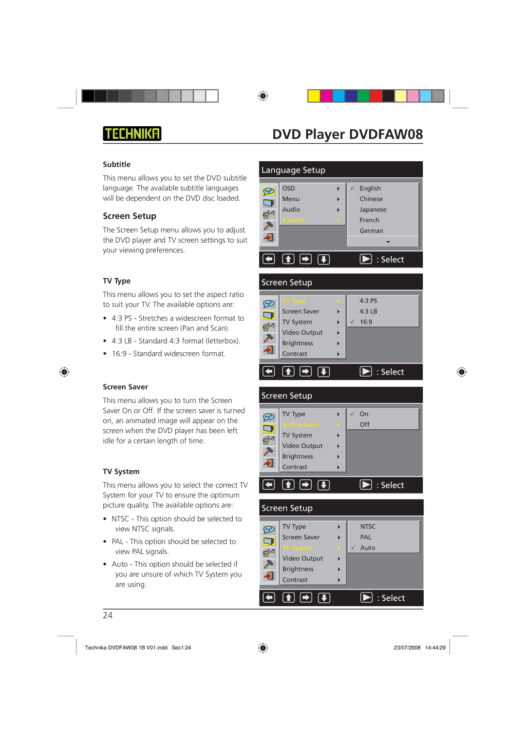 Technika DVDFAW08 manual Screen Setup, Subtitle, TV Type, Screen Saver, TV System 