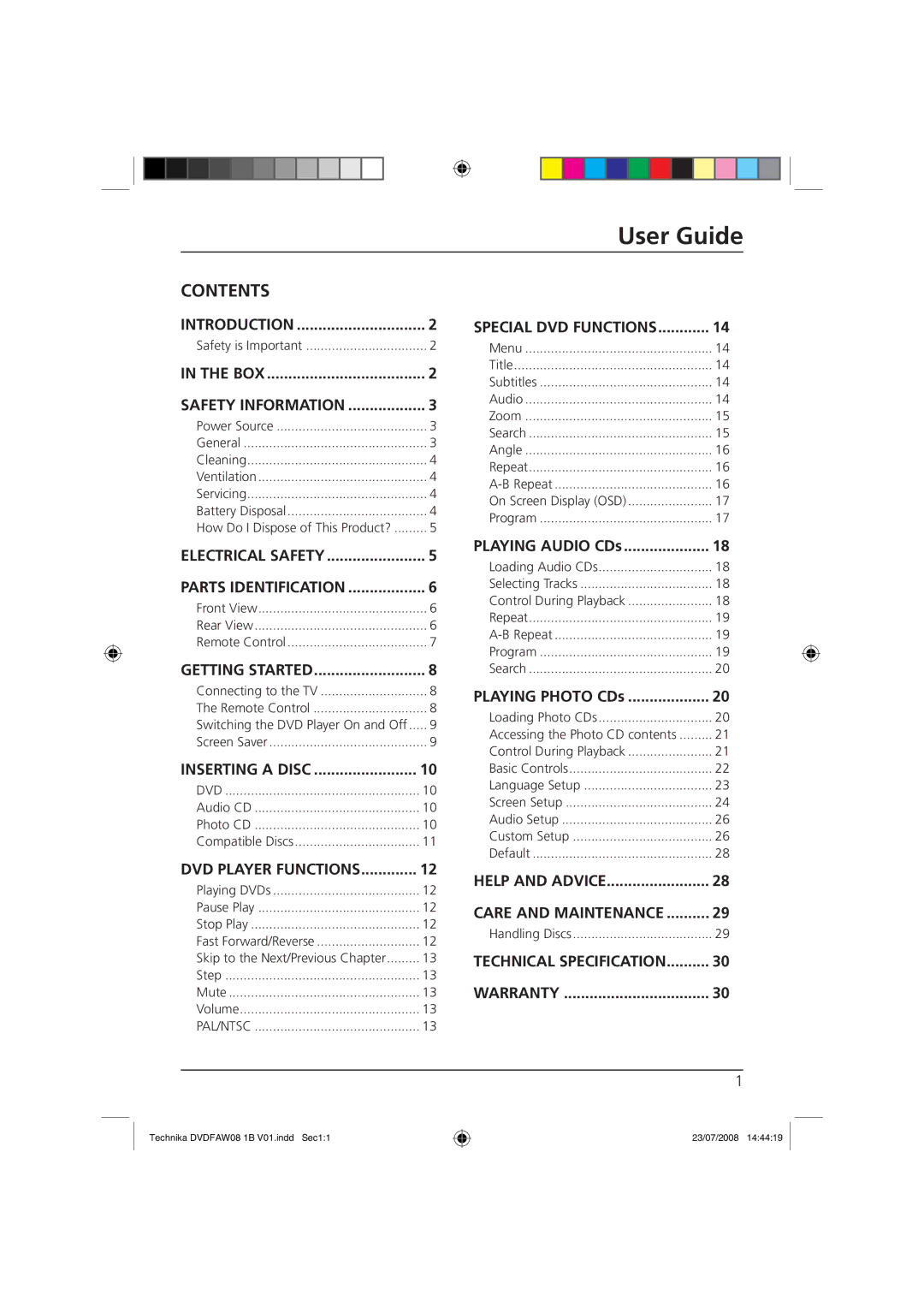 Technika DVDFAW08 manual User Guide, Contents 