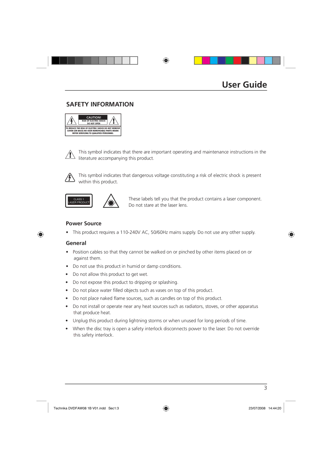 Technika DVDFAW08 manual Safety Information, Power Source, General 