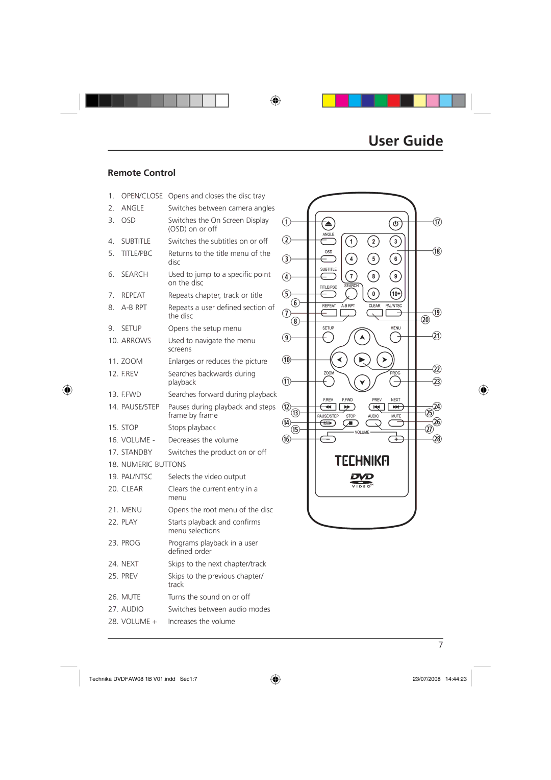 Technika DVDFAW08 manual Remote Control 