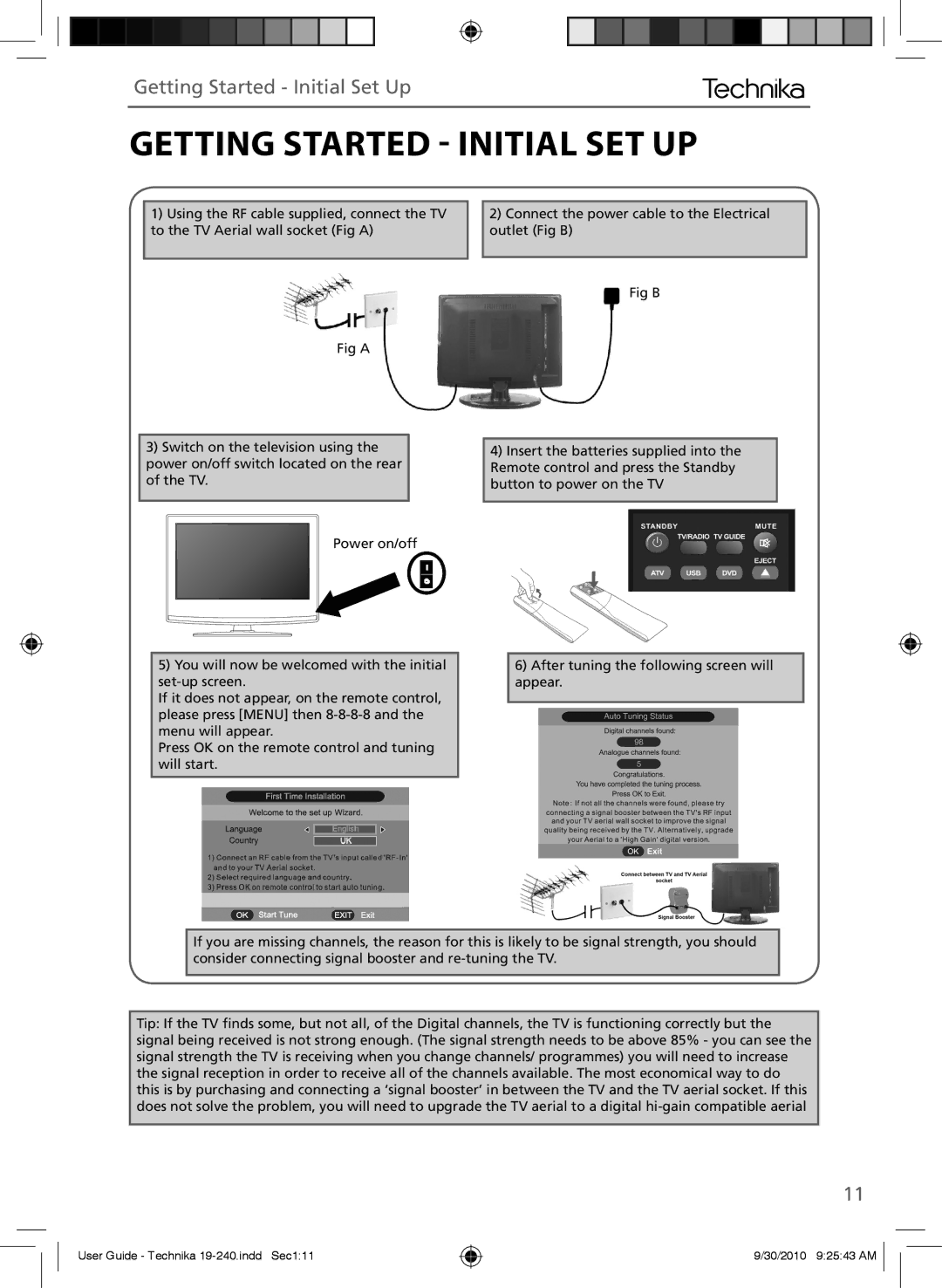 Technika LCD 19-240 manual Getting Started  Initial SET UP, Getting Started Initial Set Up 