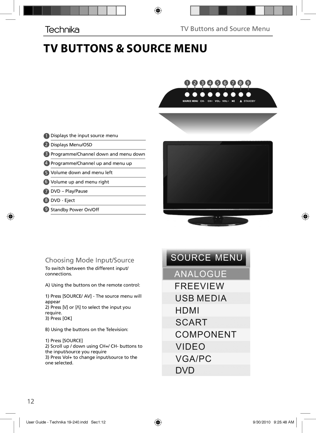 Technika LCD 19-240 manual TV Buttons & Source Menu, TV Buttons and Source Menu, Choosing Mode Input/Source 