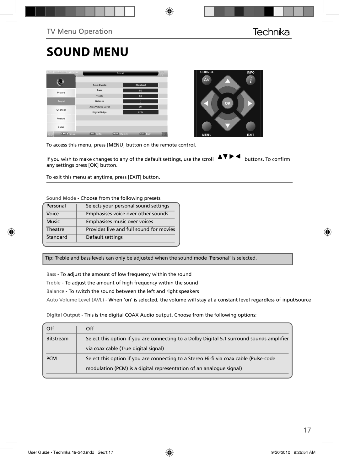 Technika LCD 19-240 manual Sound Menu, Pcm 