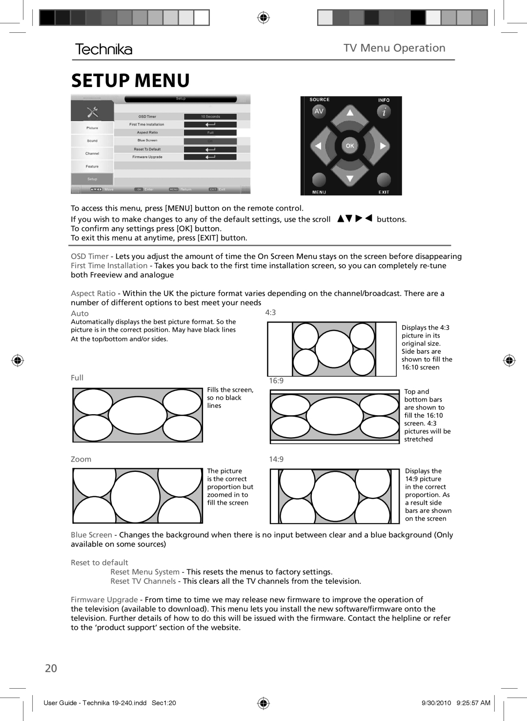 Technika LCD 19-240 manual Setup Menu, Auto 