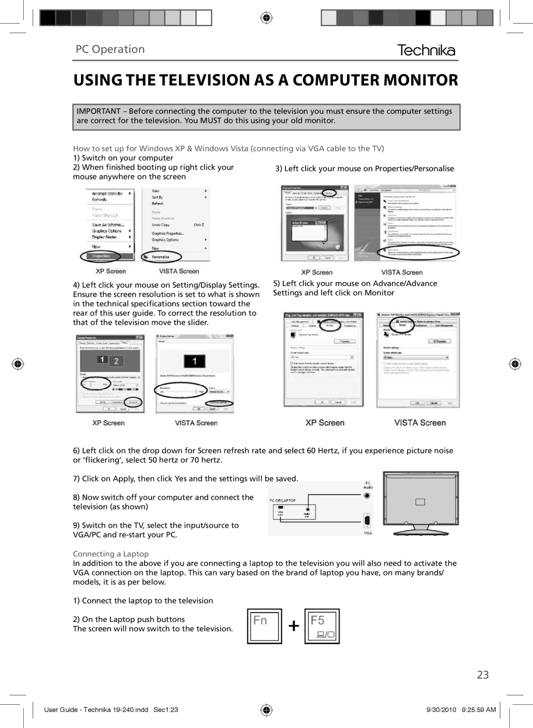 Technika LCD 19-240 manual Using the Television AS a Computer Monitor, PC Operation 