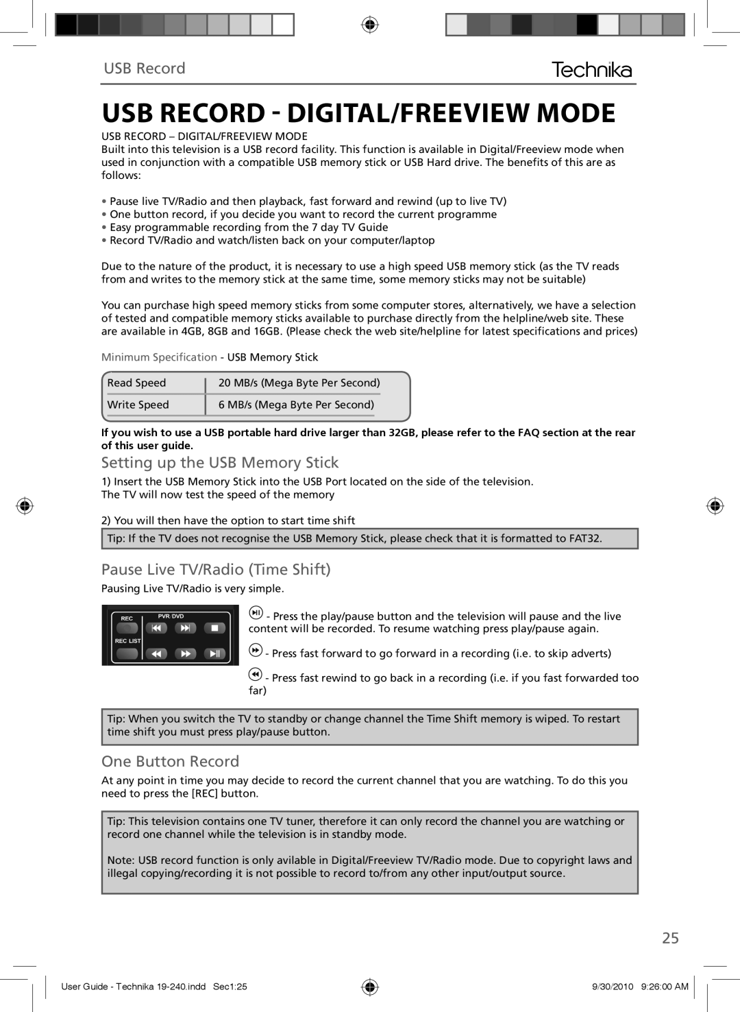 Technika LCD 19-240 USB Record  DIGITAL/FREEVIEW Mode, Setting up the USB Memory Stick, Pause Live TV/Radio Time Shift 