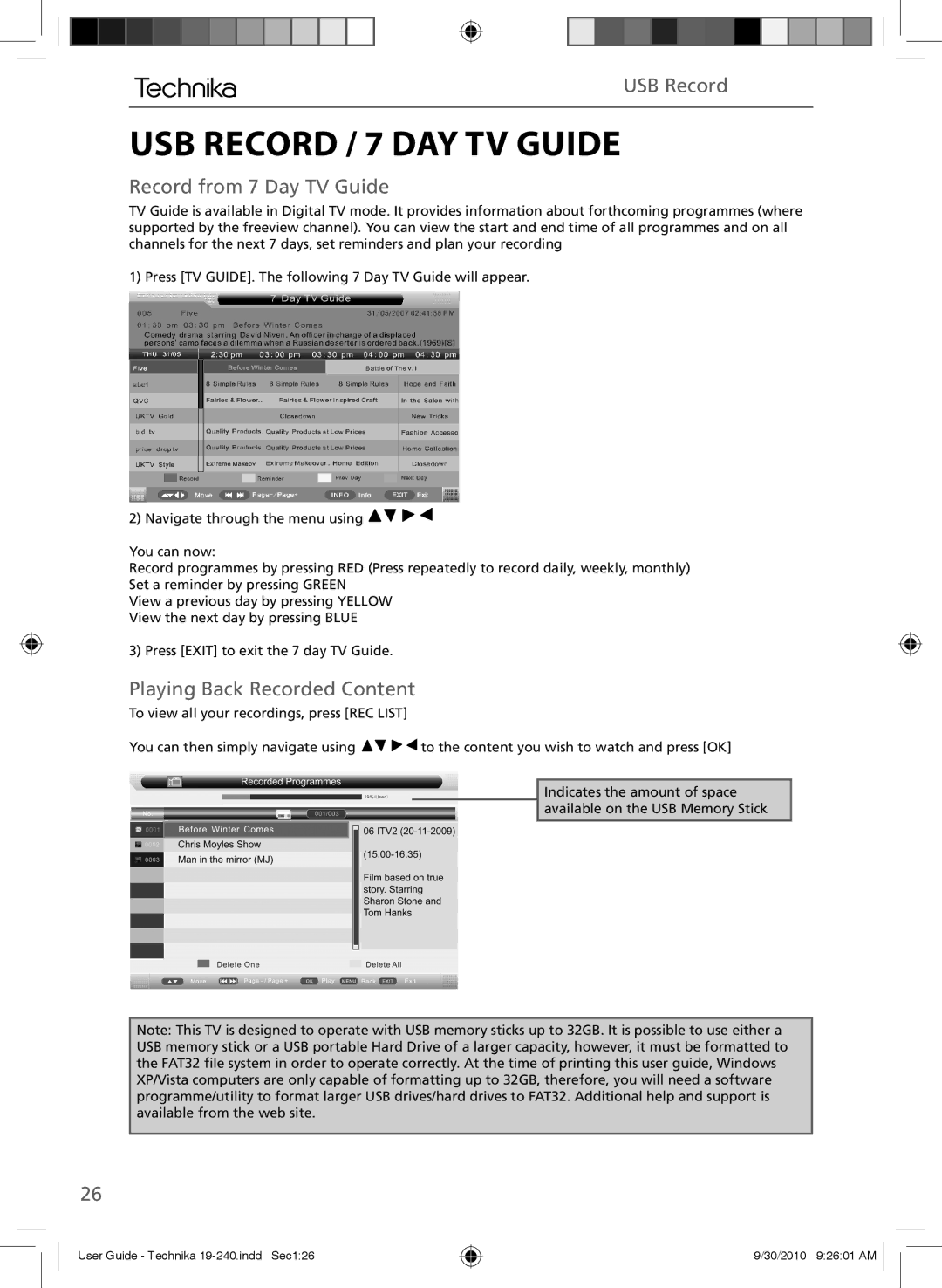 Technika LCD 19-240 manual USB Record / 7 DAY TV Guide, Record from 7 Day TV Guide, Playing Back Recorded Content 