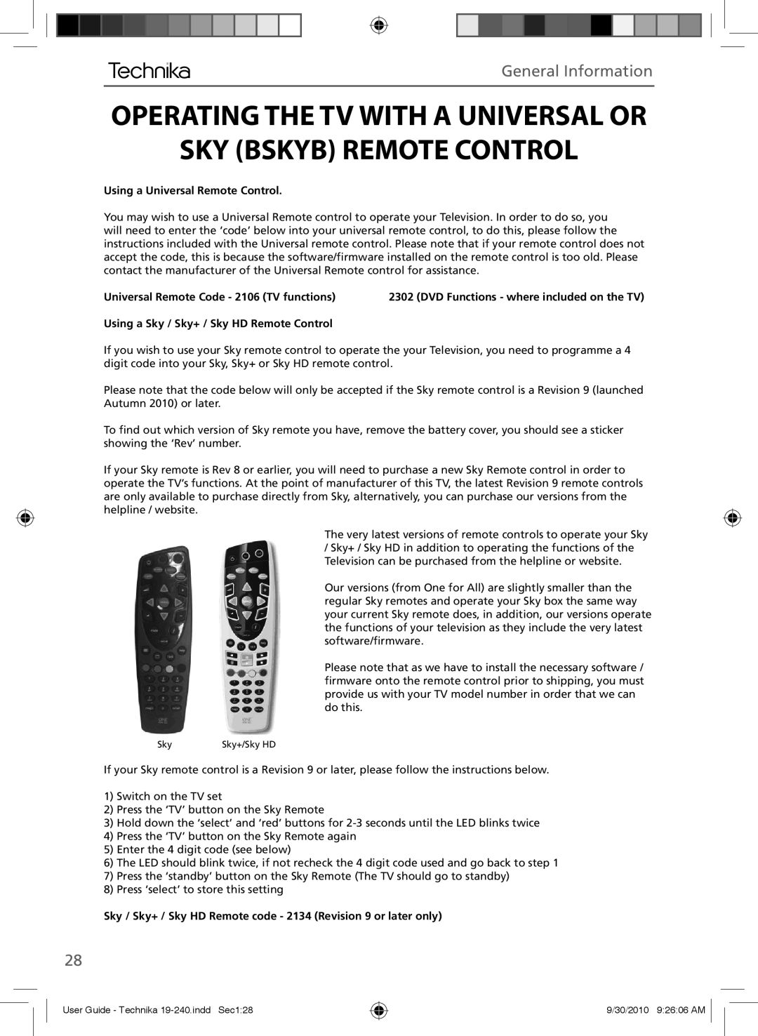 Technika LCD 19-240 manual General Information, Using a Universal Remote Control 