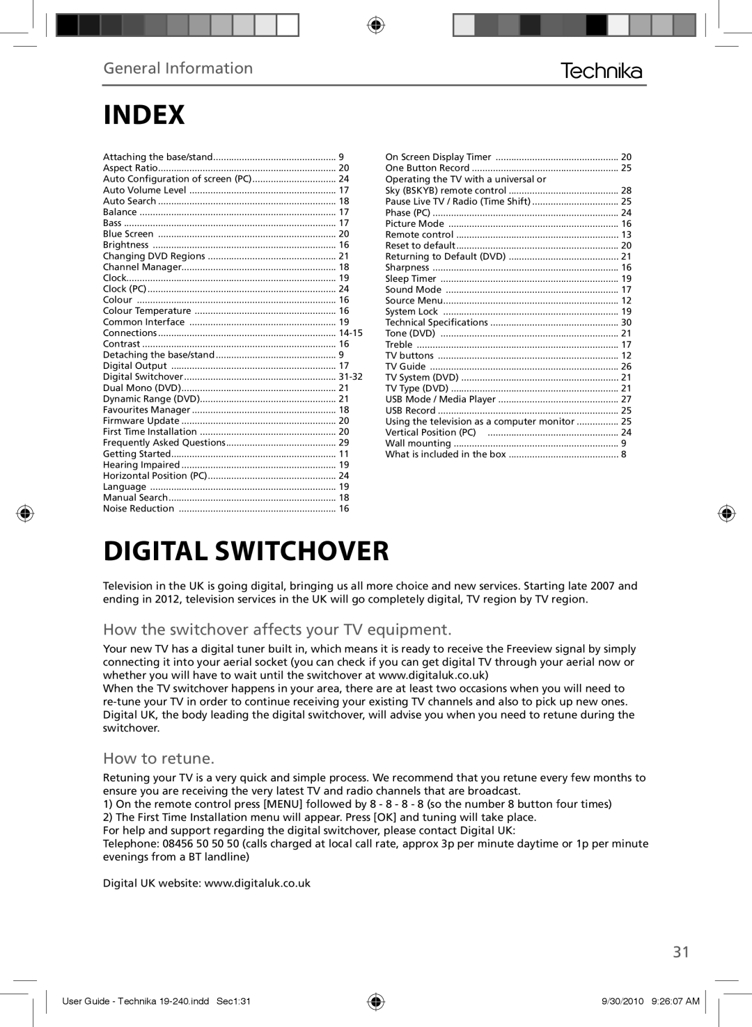 Technika LCD 19-240 manual Index, Digital Switchover, How the switchover affects your TV equipment, How to retune 