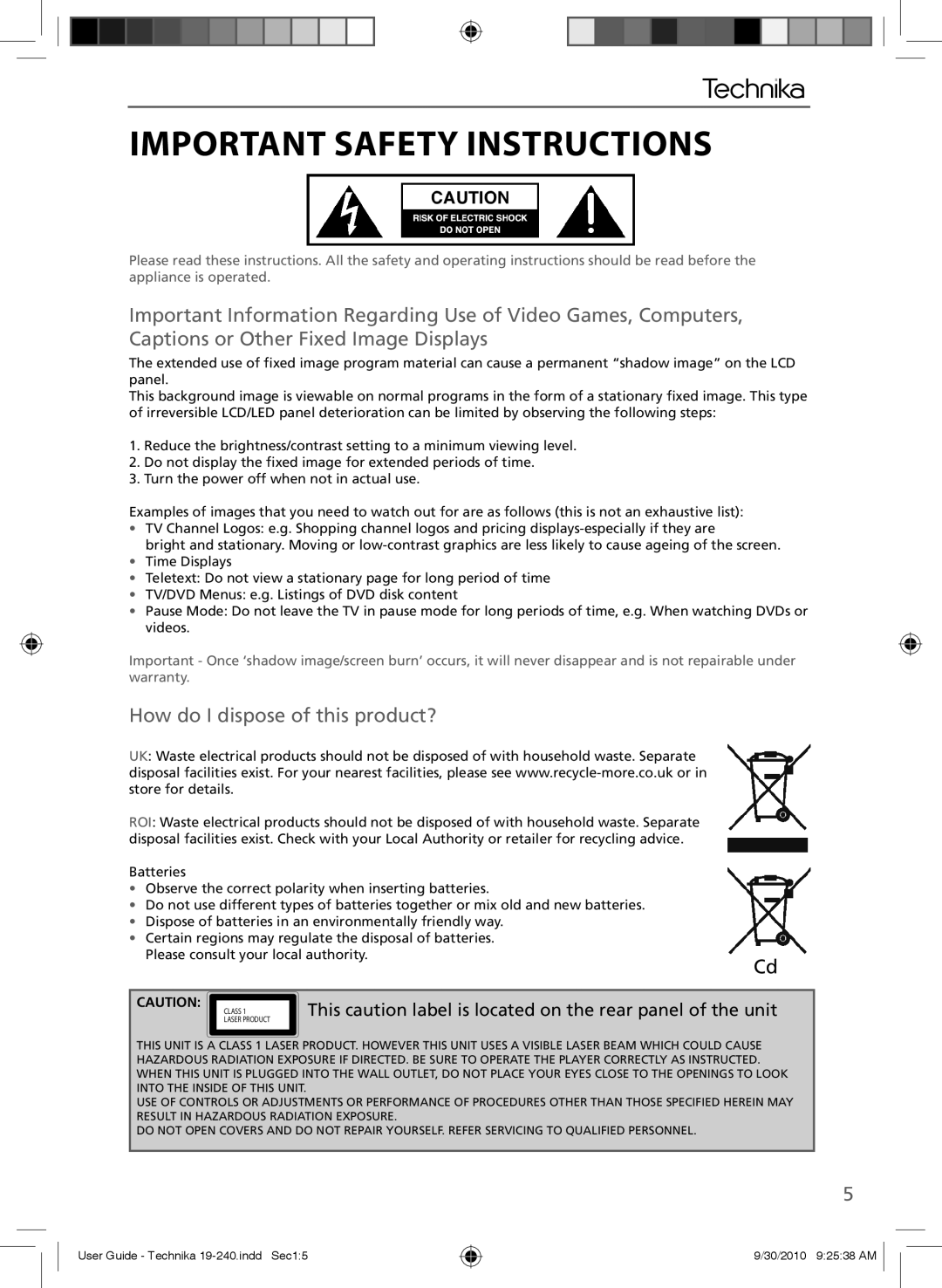 Technika LCD 19-240 manual How do I dispose of this product?, This caution label is located on the rear panel of the unit 