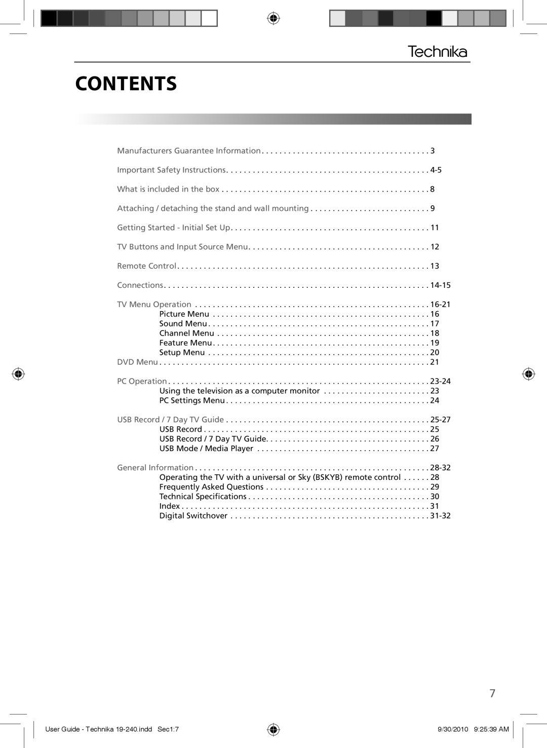 Technika LCD 19-240 manual Contents 