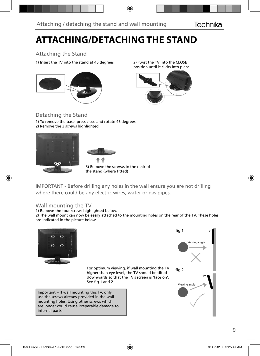 Technika LCD 19-240 ATTACHING/DETACHING the Stand, Attaching / detaching the stand and wall mounting, Attaching the Stand 