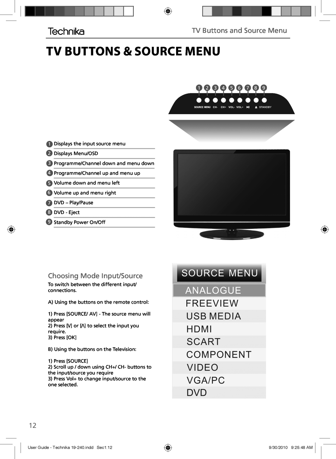 Technika LCD 19-240 Tv Buttons & Source Menu, TV Buttons and Source Menu, Choosing Mode Input/Source, 1 2 3 4 5 6 7 8 