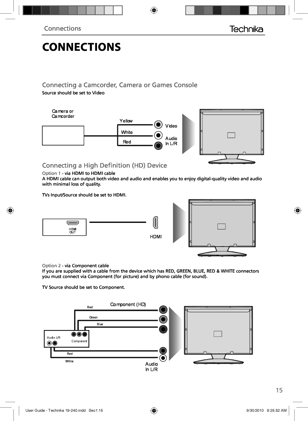 Technika LCD 19-240 Connecting a Camcorder, Camera or Games Console, Connecting a High Deﬁnition HD Device, Connections 