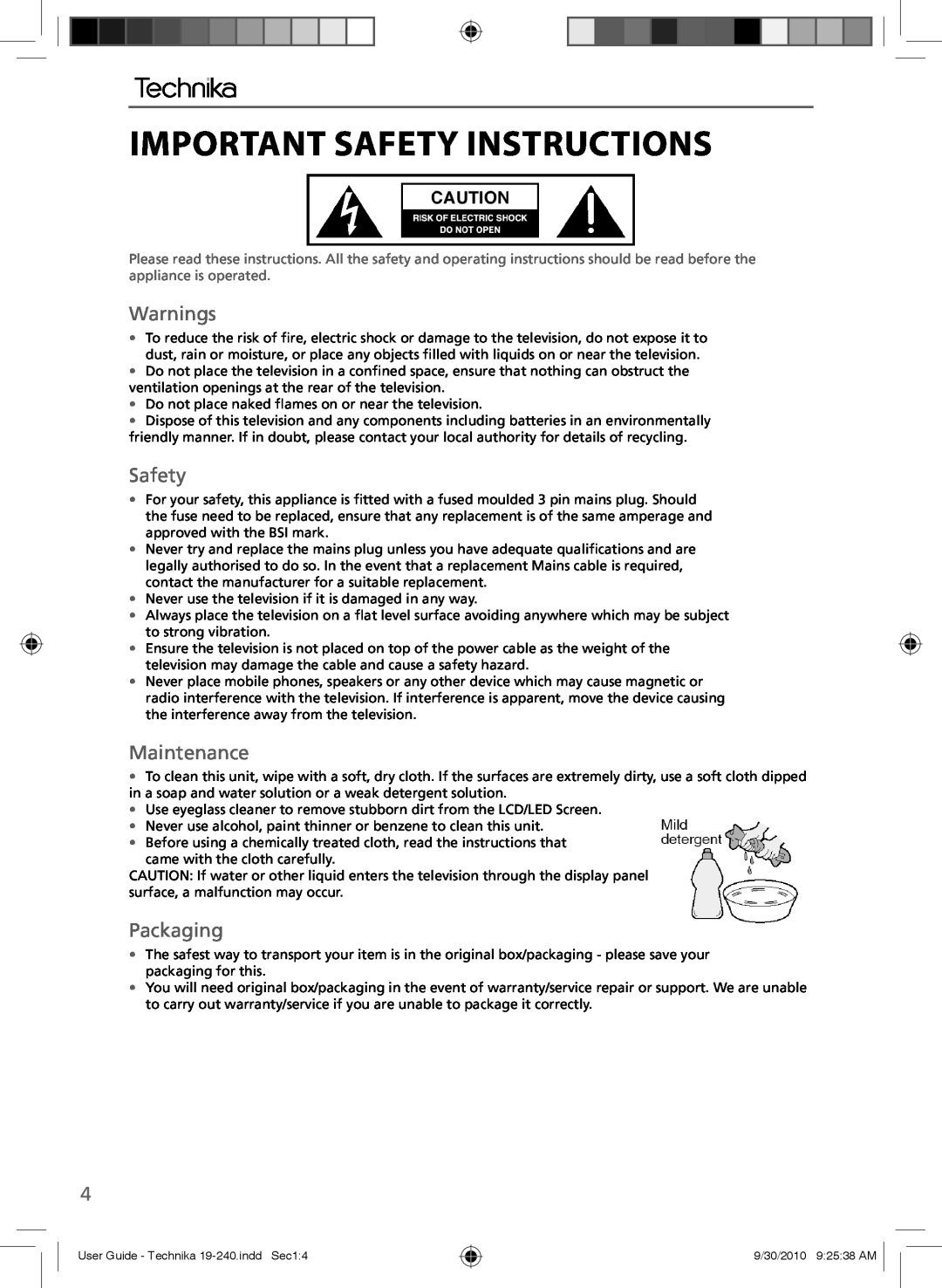 Technika LCD 19-240 manual Important Safety Instructions, Warnings, Maintenance, Packaging 