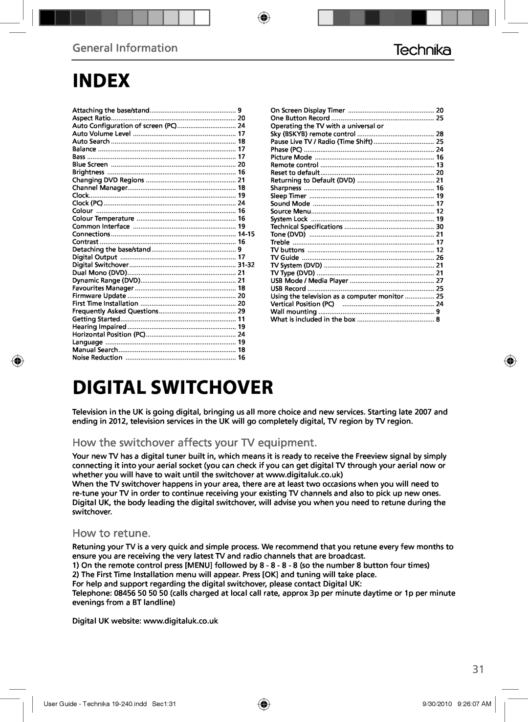 Technika LCD 19-240 manual Index, Digital Switchover, How the switchover affects your TV equipment, How to retune 