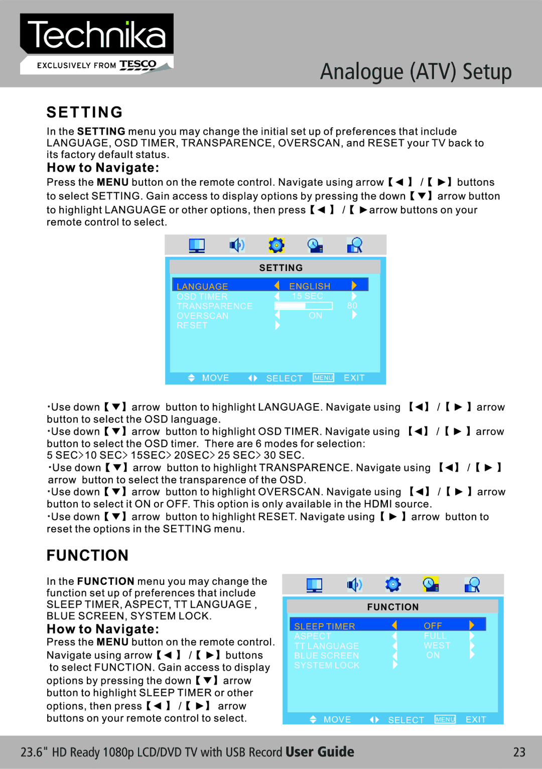 Technika LCD 24-621 manual Setting, Function 