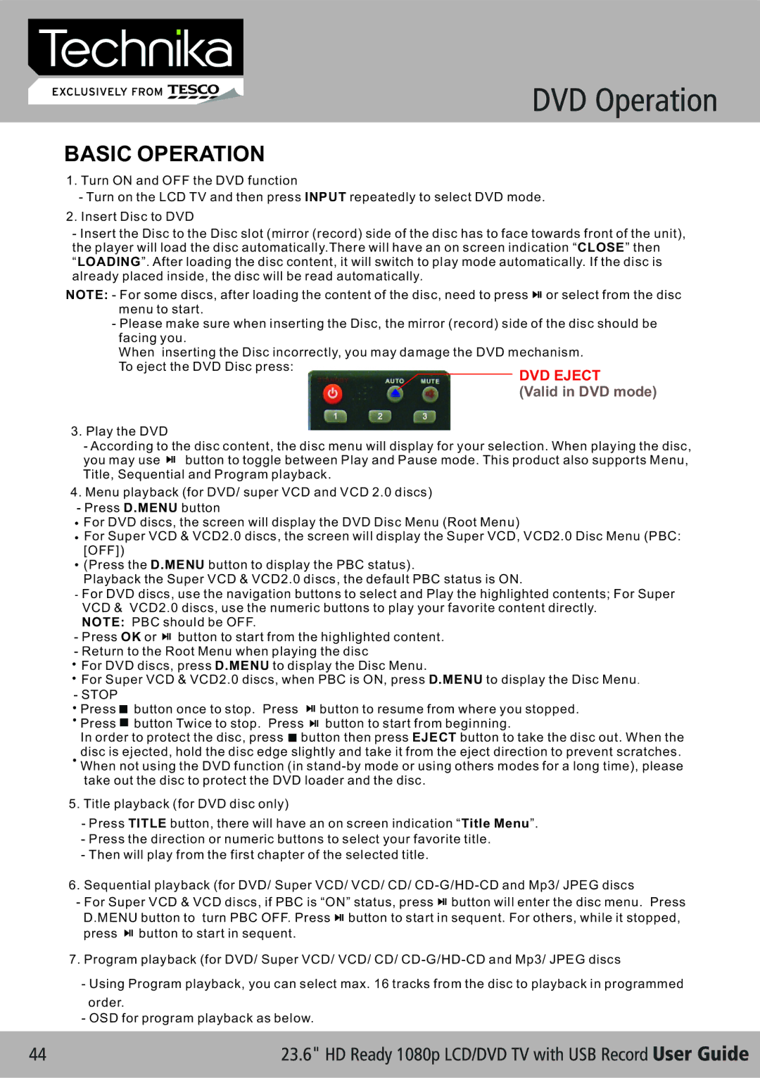 Technika LCD 24-621 manual Basic Operation, DVD Eject 