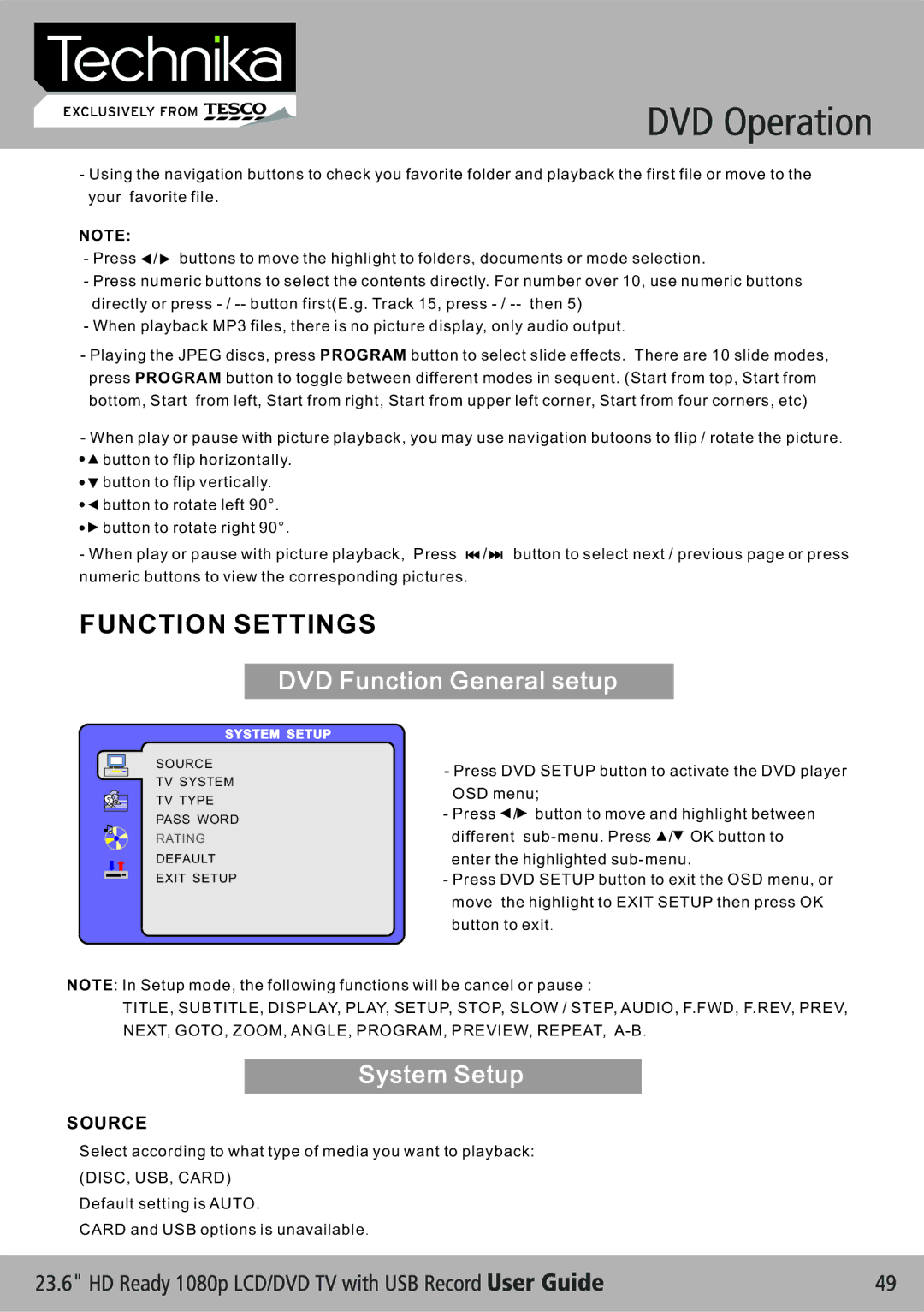 Technika LCD 24-621 manual Function Settings, DVD Function General setup 